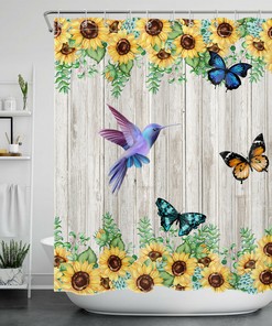 Rustic Planks Sunflower Butterfly and Hummingbird Shower Curtain for Bathroom Decor