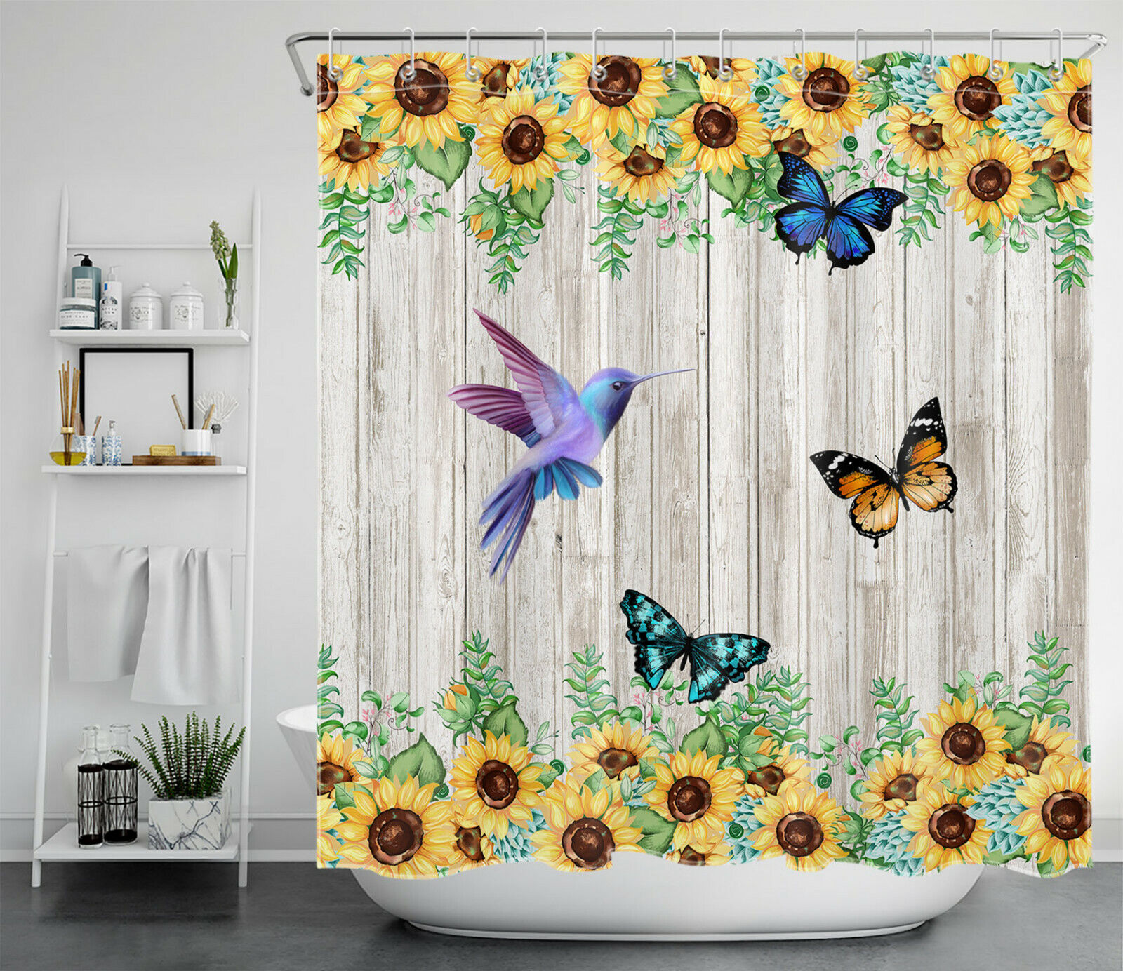 Rustic Planks Sunflower Butterfly and Hummingbird Shower Curtain for Bathroom Decor