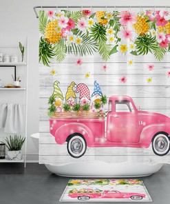 Rustic Planks Truck Palm Leaf Pineapple and Gnomes Shower Curtain for Bathroom Decor