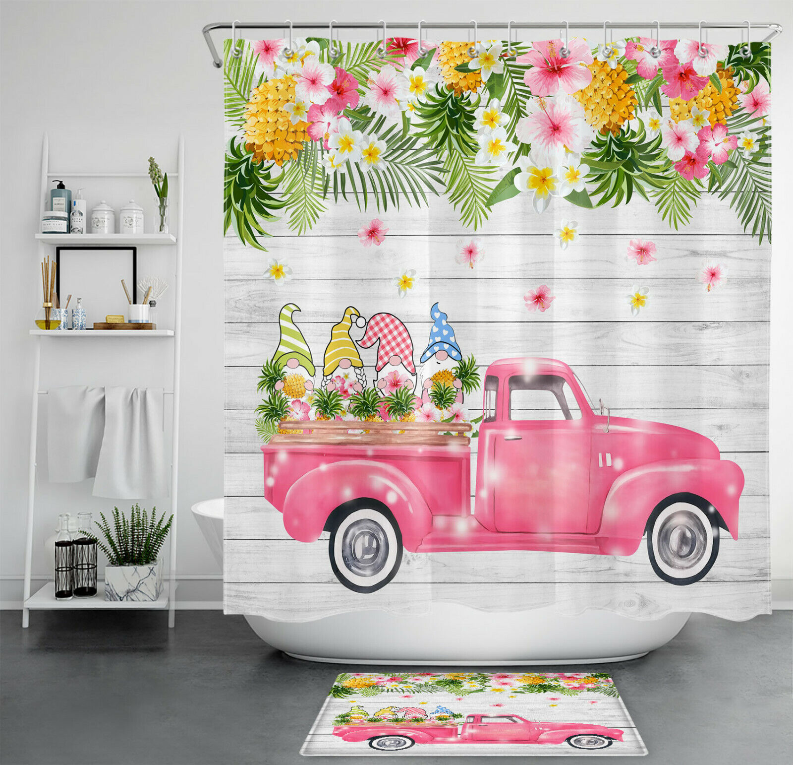 Rustic Planks Truck Palm Leaf Pineapple and Gnomes Shower Curtain for Bathroom Decor