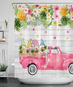 Rustic Planks Truck Palm Leaf Pineapple and Gnomes Shower Curtain for Bathroom Decor