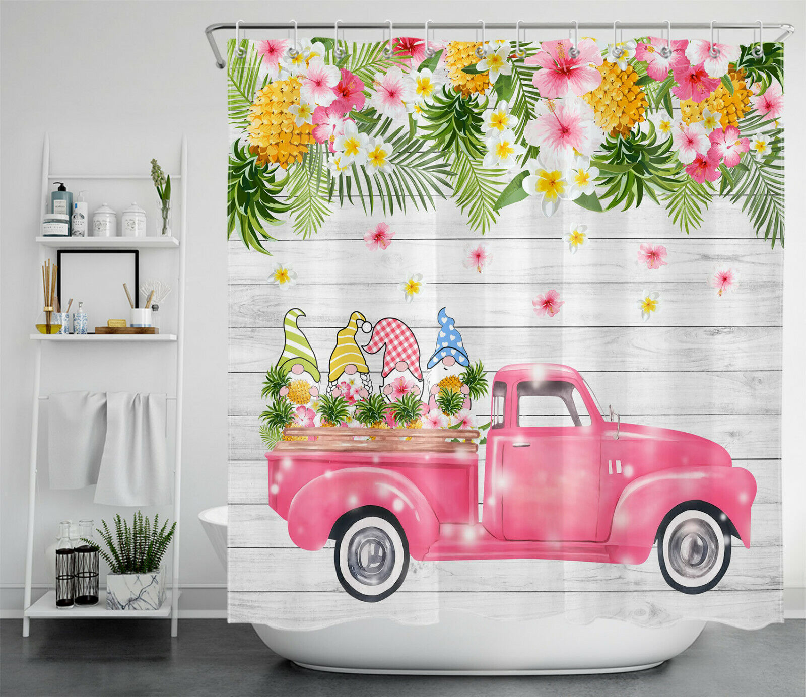 Rustic Planks Truck Palm Leaf Pineapple and Gnomes Shower Curtain for Bathroom Decor