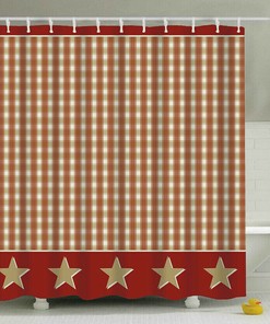 Rustic Primitive Country Plaid Stars Shower Curtain In Rusty/Burgundy Taupe Tan