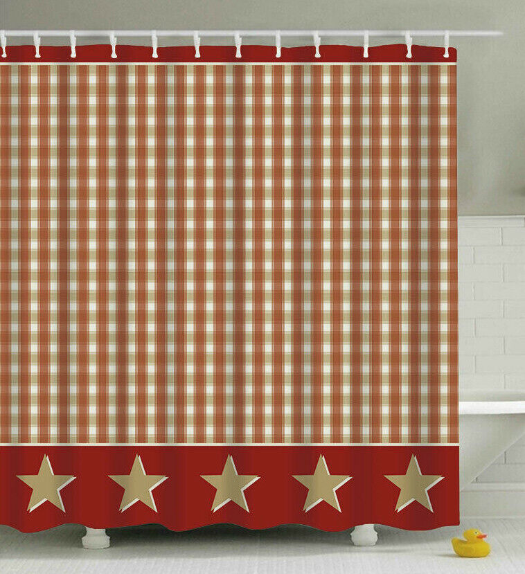 Rustic Primitive Country Plaid Stars Shower Curtain In Rusty/Burgundy Taupe Tan