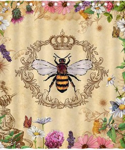 Rustic Queen Bee Shower Curtain - Vintage French Garden Design with Honey Bee and Wild Flower 