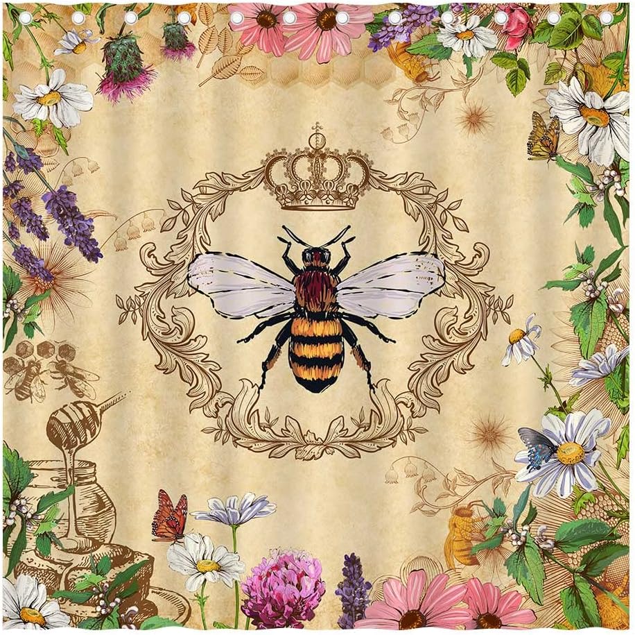 Rustic Queen Bee Shower Curtain - Vintage French Garden Design with Honey Bee and Wild Flower
