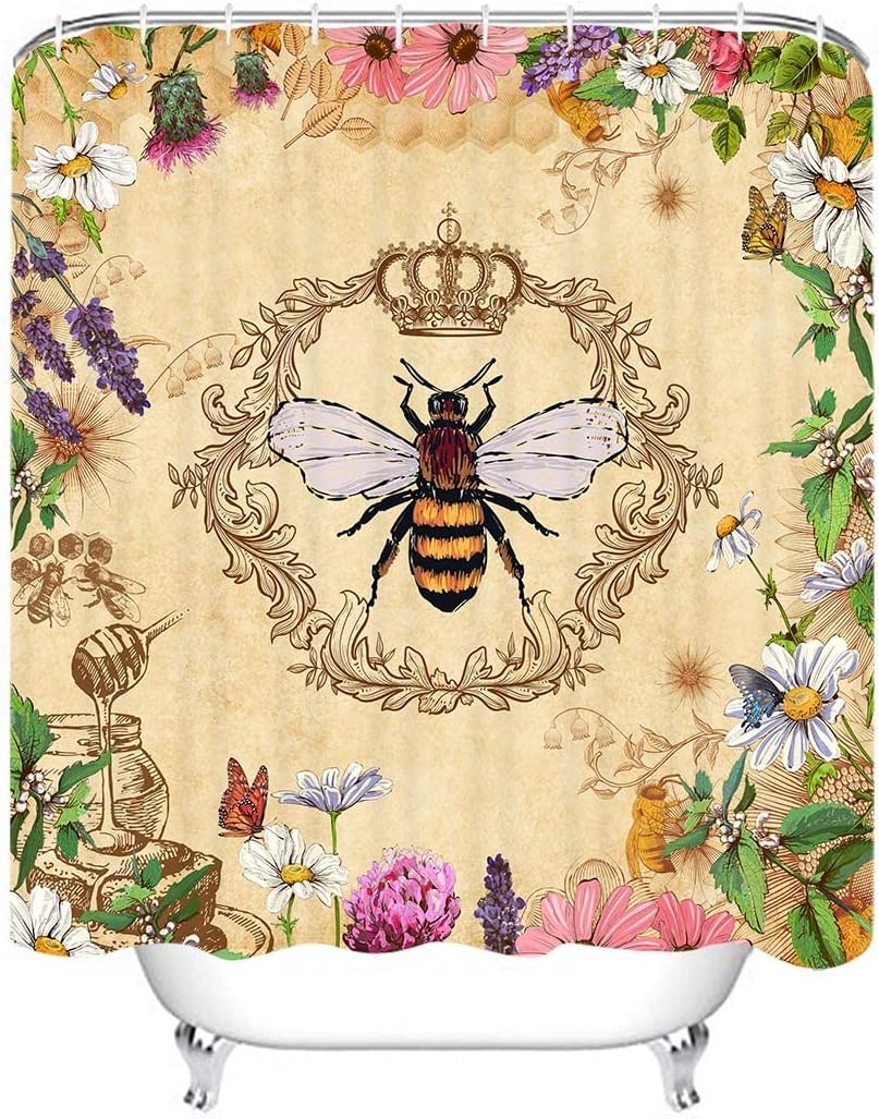 Rustic Queen Bee Shower Curtain - Vintage French Garden Design with Honey Bee and Wild Flower
