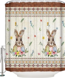 Rustic Rabbit Country Wood Grain Plant Shower Curtain - Waterproof Bath Curtain For Easter Bathroom Decor