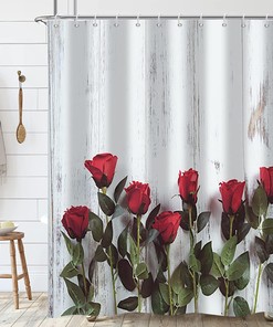 Rustic Red Floral Shower Curtain with Rose Flowers and Wooden Plank for Farmhouse Bathroom 