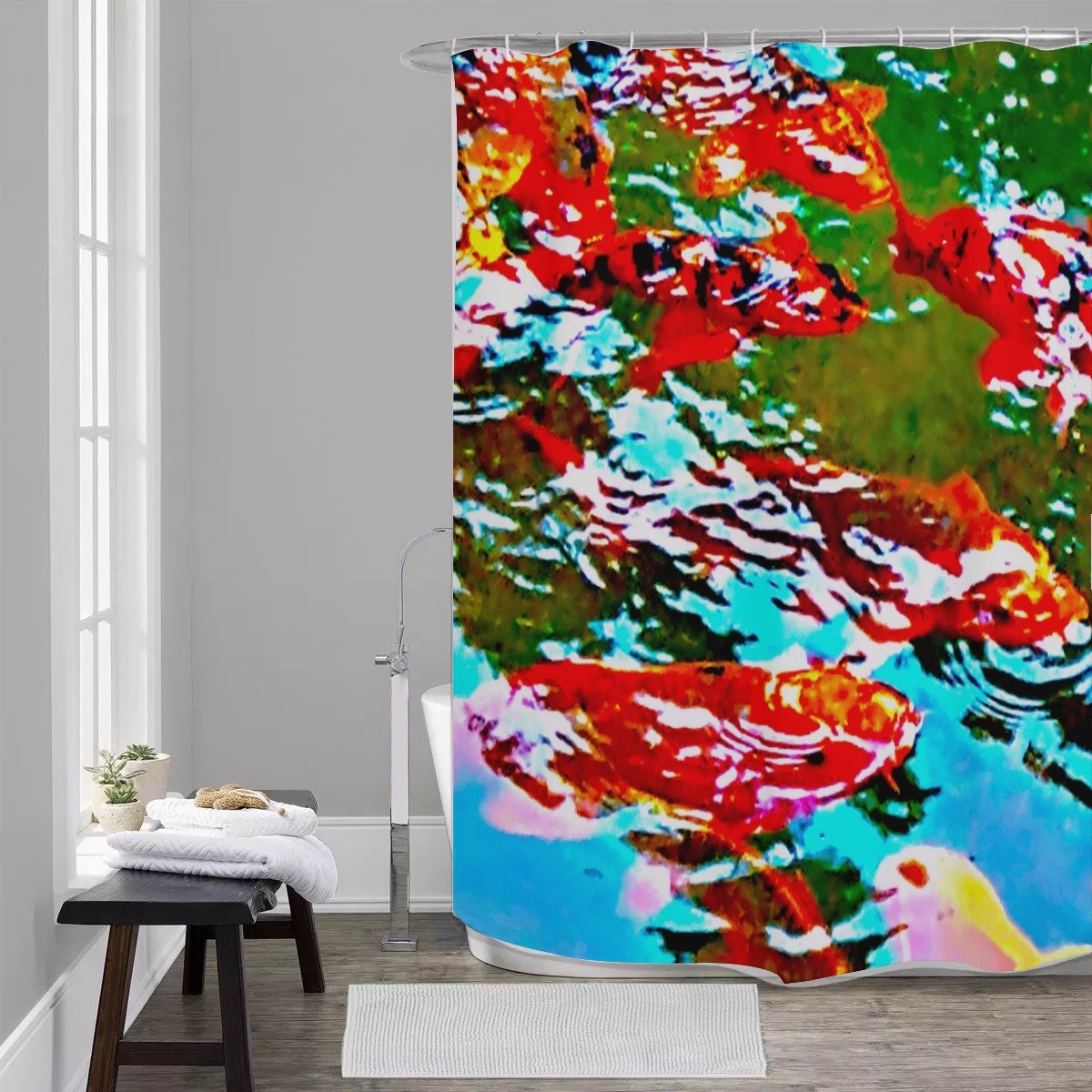 Rustic Red Koi Fish Shower Curtain for Japanese Bathroom Decor