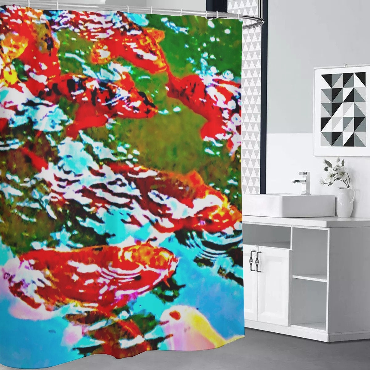 Rustic Red Koi Fish Shower Curtain for Japanese Bathroom Decor