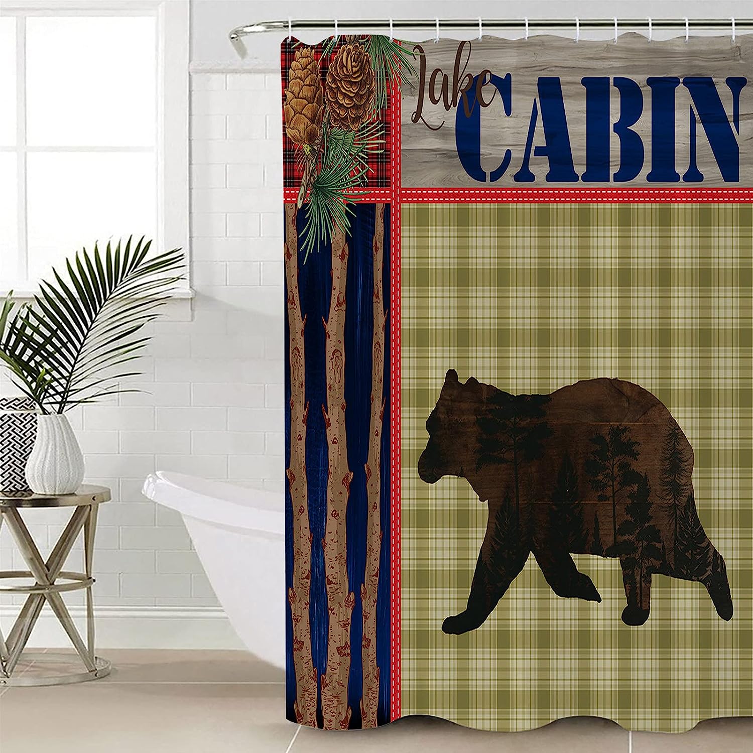 Rustic Red Plaid Cones Farmhouse Forest Bear Stall Shower Curtain For Bathroom/Bathtub