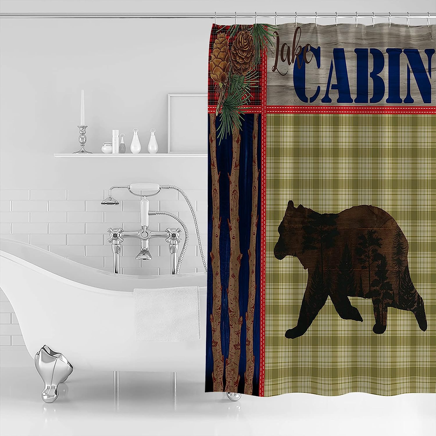 Rustic Red Plaid Cones Farmhouse Forest Bear Stall Shower Curtain For Bathroom/Bathtub