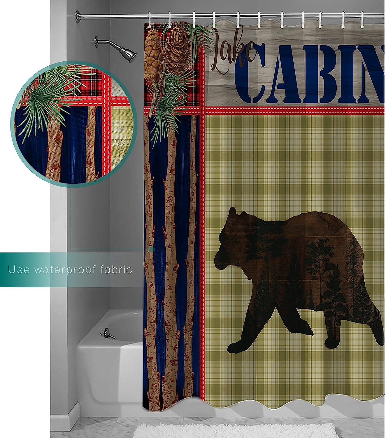 Rustic Red Plaid Cones Farmhouse Forest Bear Stall Shower Curtain For Bathroom/Bathtub
