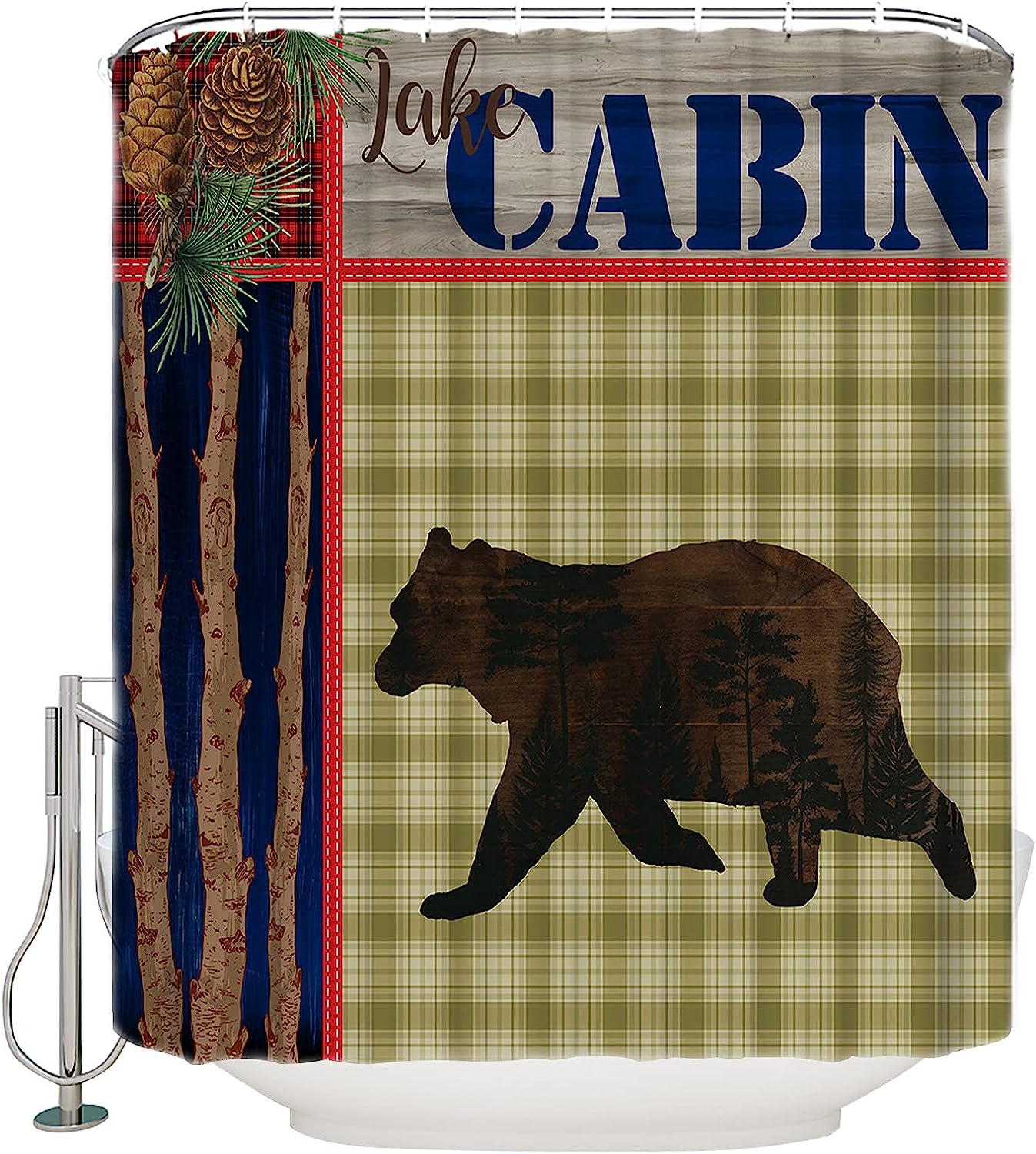Rustic Red Plaid Cones Farmhouse Forest Bear Stall Shower Curtain For Bathroom/Bathtub