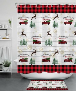 Rustic Red Plaid Truck with Christmas Tree Snowflakes Shower Curtain for Festive Bathroom 