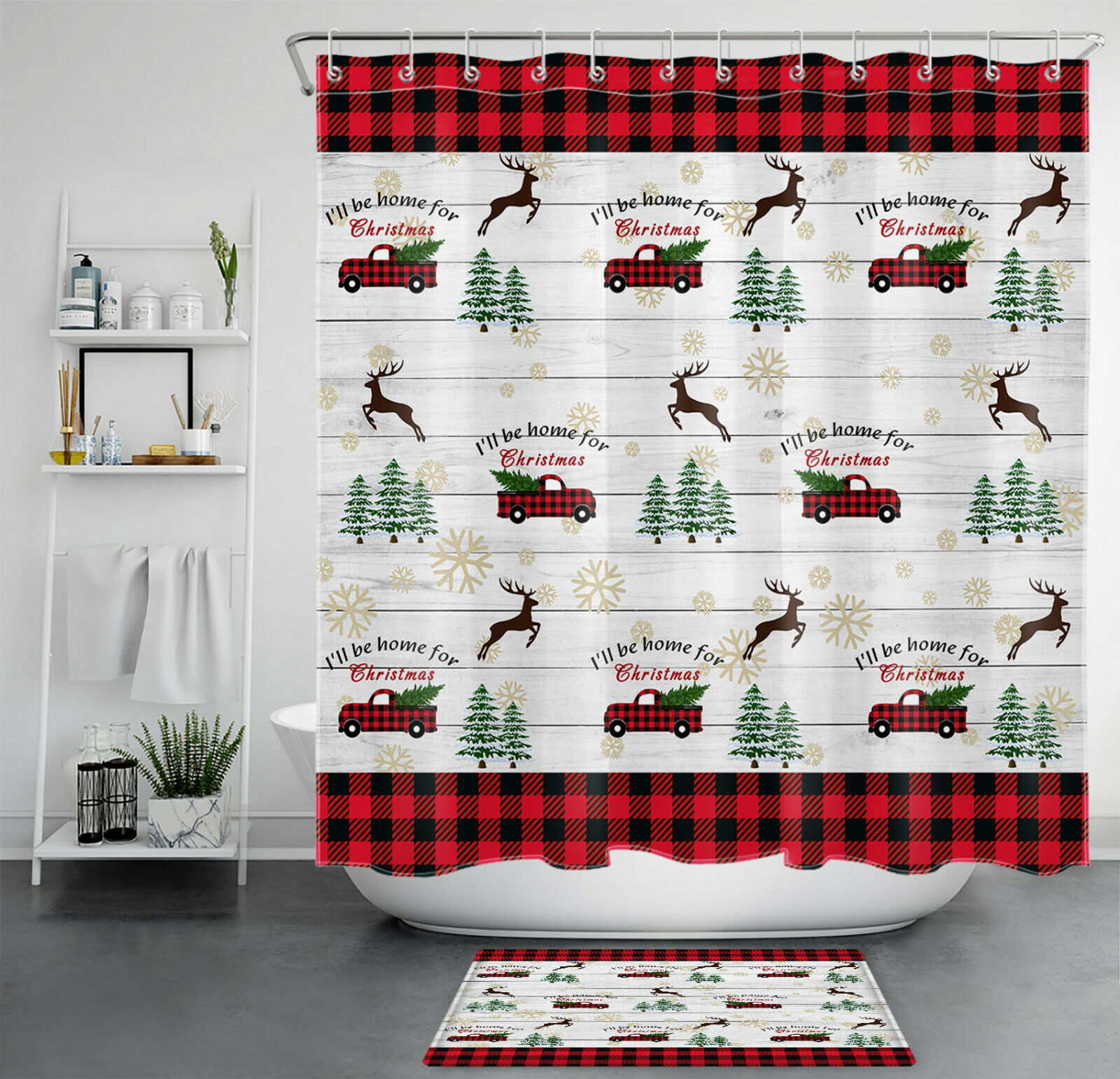 Rustic Red Plaid Truck with Christmas Tree Snowflakes Shower Curtain for Festive Bathroom