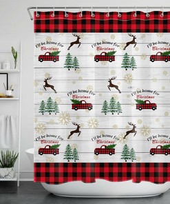 Rustic Red Plaid Truck with Christmas Tree Snowflakes Shower Curtain for Festive Bathroom