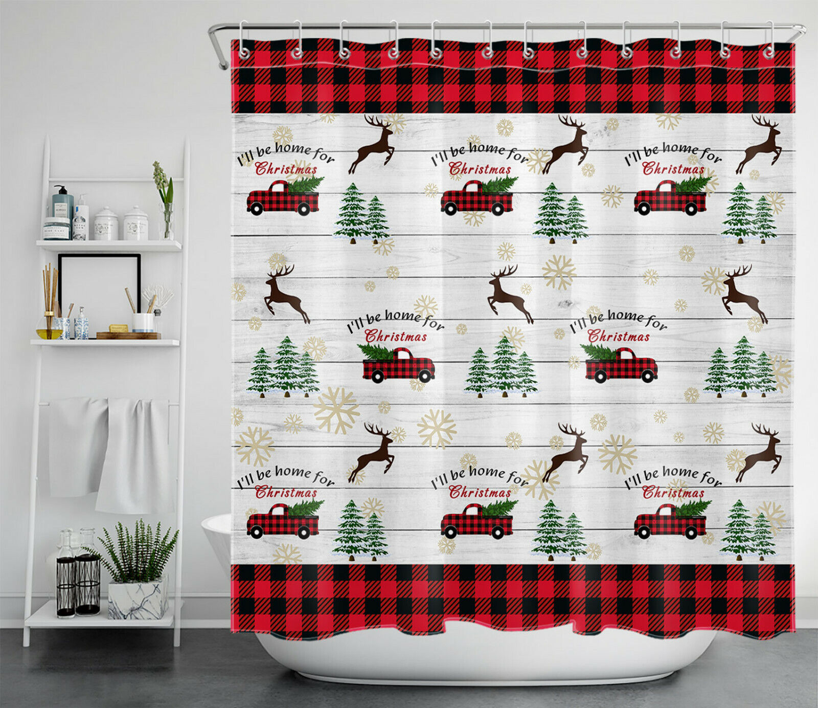 Rustic Red Plaid Truck with Christmas Tree Snowflakes Shower Curtain for Festive Bathroom