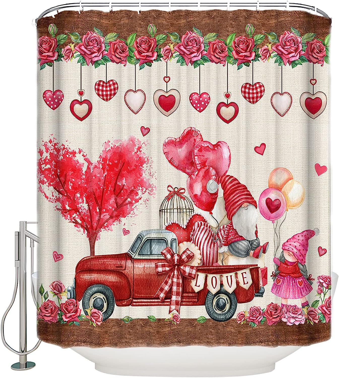 Rustic Red Truck Red Roses And Love Balloon Valentine'S Day Shower Curtain