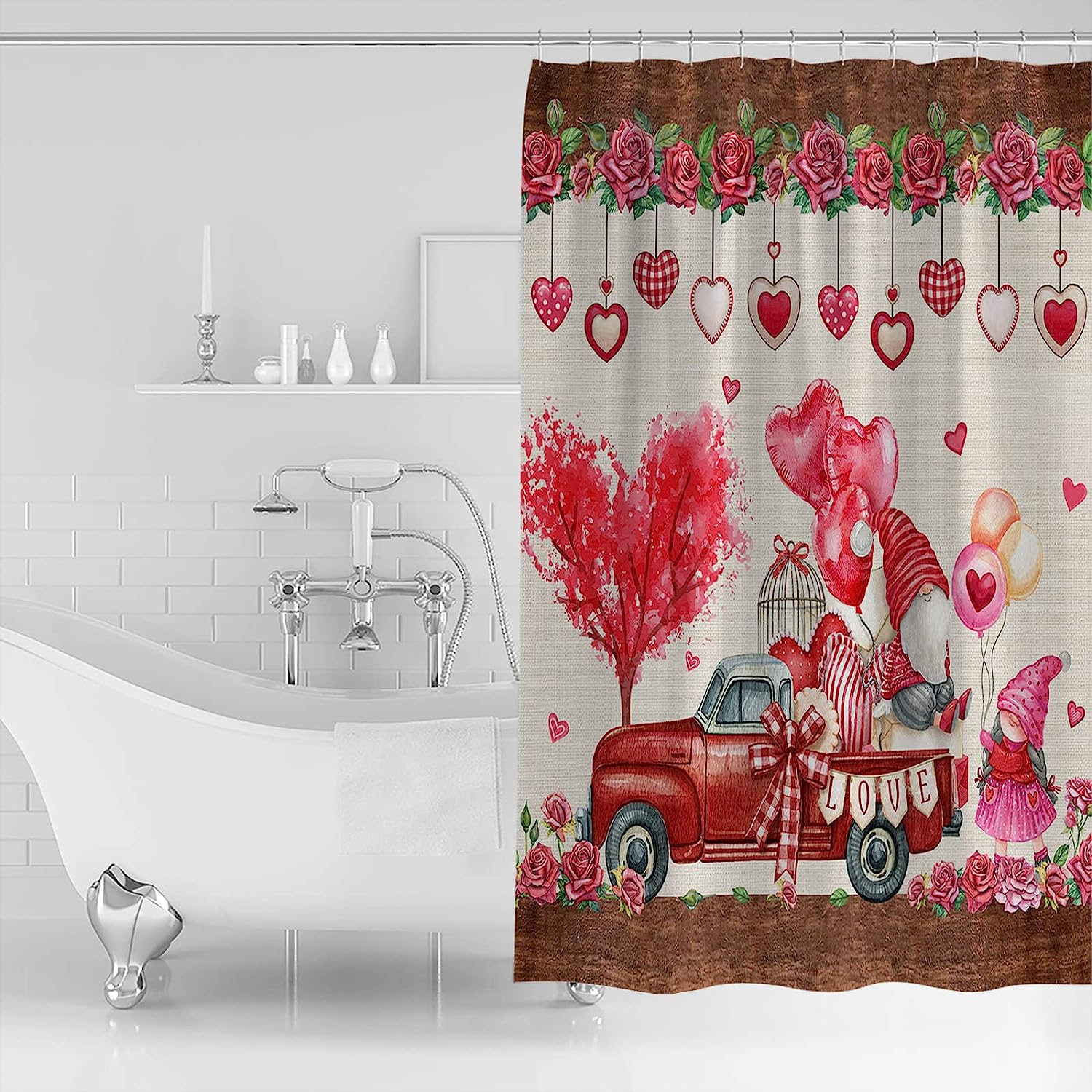 Rustic Red Truck Red Roses And Love Balloon Valentine'S Day Shower Curtain - Image 2