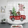 Rustic Red Truck with Dog and Wood Boards Shower Curtain for Christmas Bathroom 