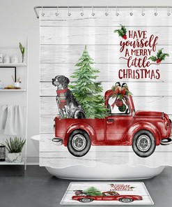 Rustic Red Truck with Dog and Wood Boards Shower Curtain for Christmas Bathroom 