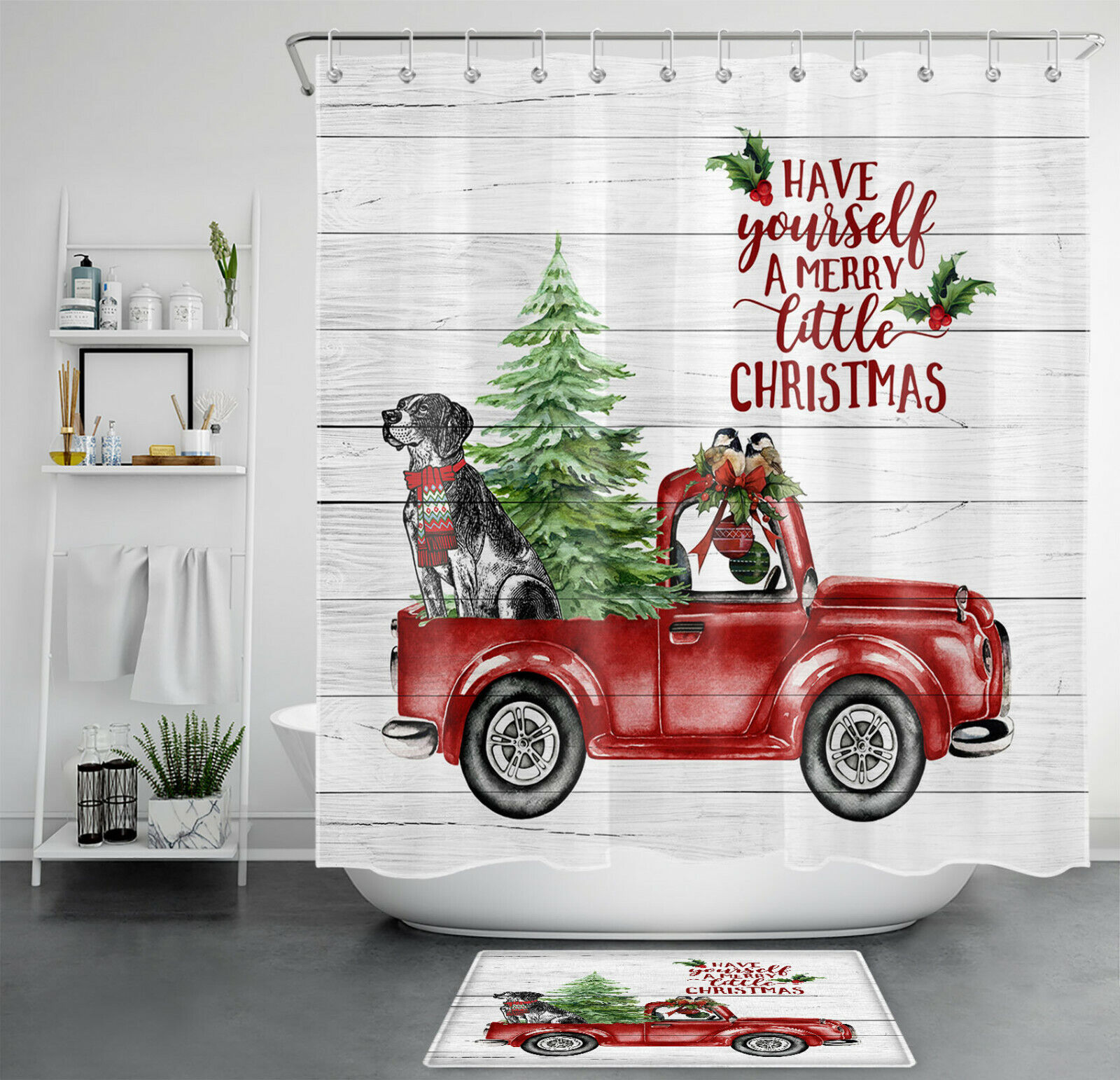 Rustic Red Truck with Dog and Wood Boards Shower Curtain for Christmas Bathroom