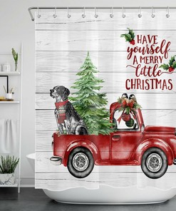 Rustic Red Truck with Dog and Wood Boards Shower Curtain for Christmas Bathroom