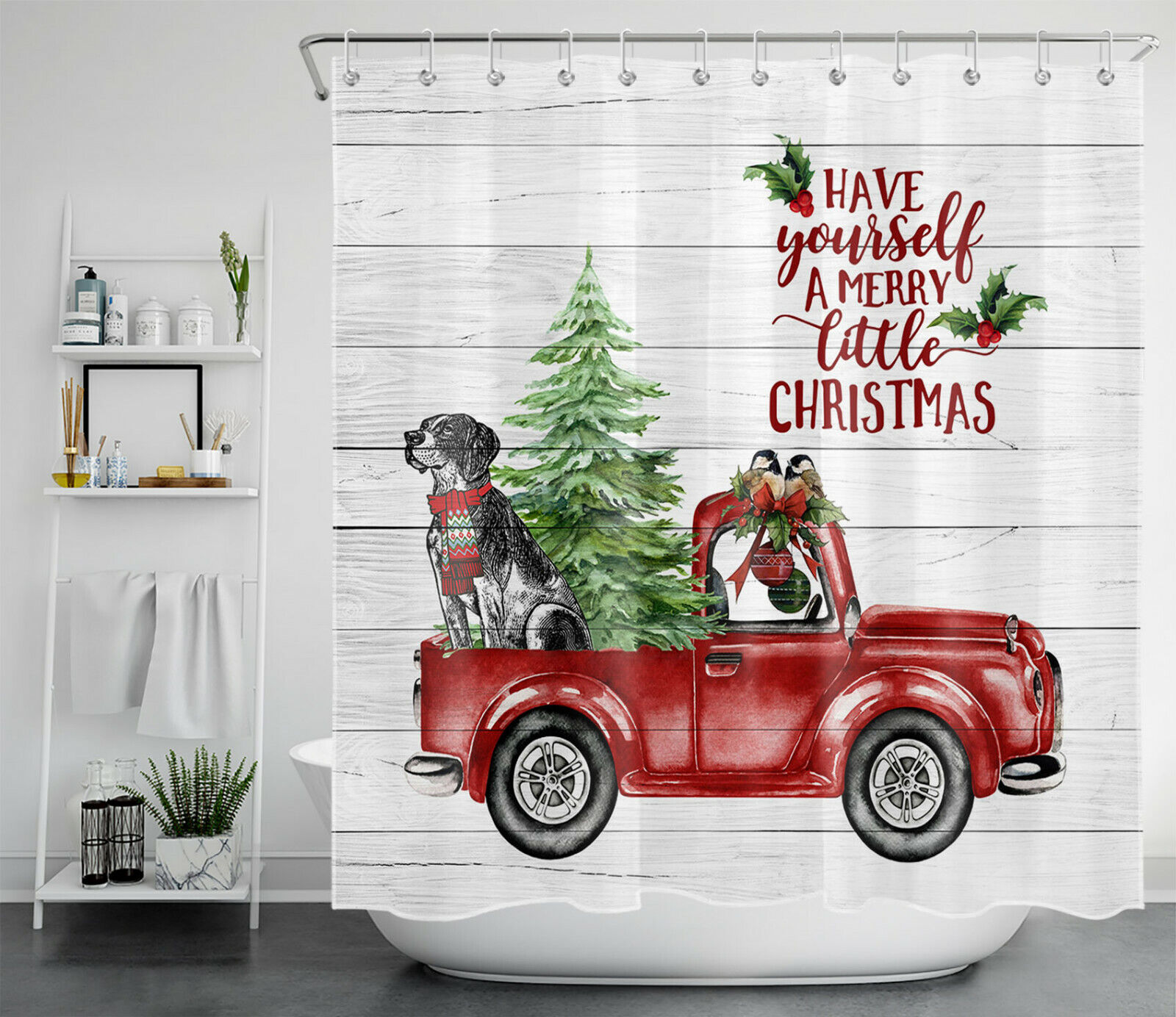 Rustic Red Truck with Dog and Wood Boards Shower Curtain for Christmas Bathroom