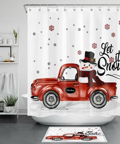 Rustic Red Truck with Snowman and Snowflakes Shower Curtain for Christmas Bathroom 