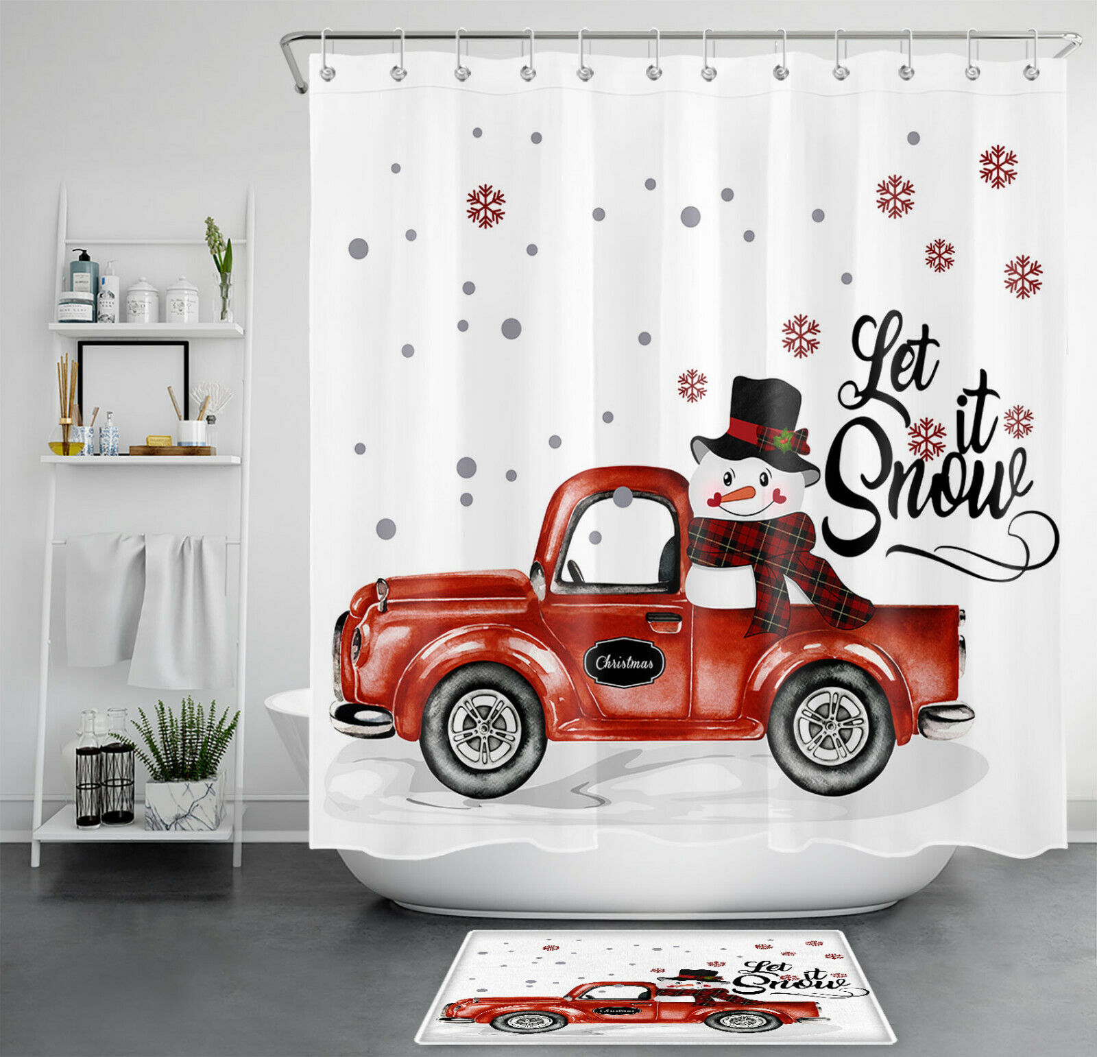 Rustic Red Truck with Snowman and Snowflakes Shower Curtain for Christmas Bathroom