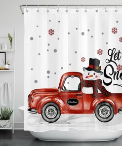 Rustic Red Truck with Snowman and Snowflakes Shower Curtain for Christmas Bathroom