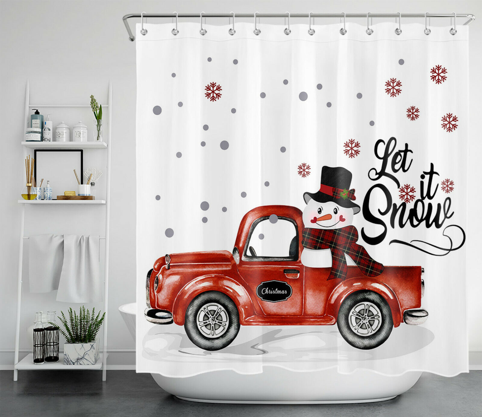 Rustic Red Truck with Snowman and Snowflakes Shower Curtain for Christmas Bathroom