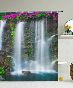 Rustic Restroom Shower Curtain, Waterfall View Print, Washable and Waterproof Fabric