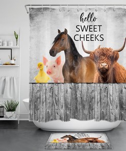 Rustic Retro Farm Animals Highland Cow, Pig, and Horse Shower Curtain Set