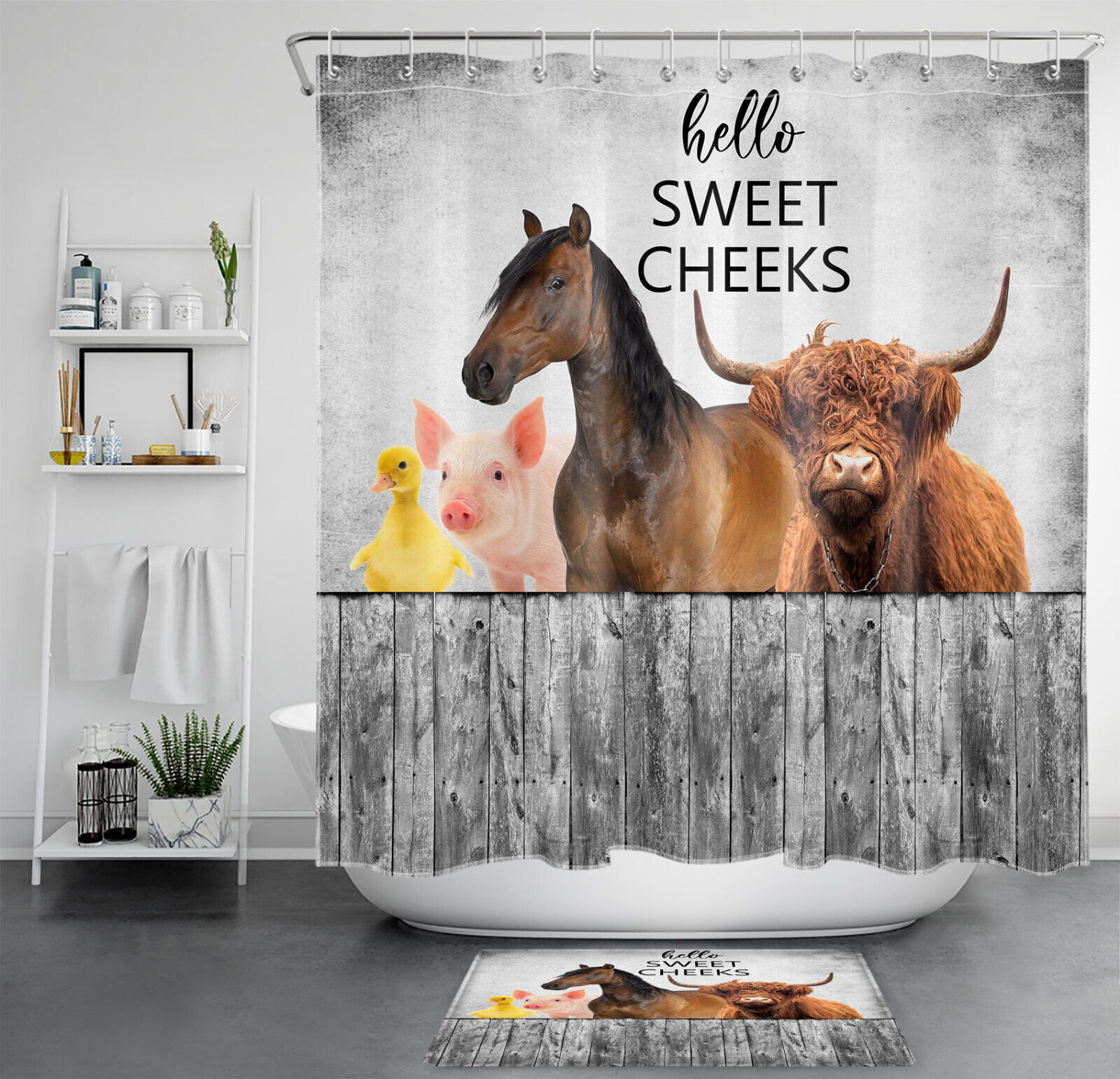 Rustic Retro Farm Animals Highland Cow, Pig, and Horse Shower Curtain Set