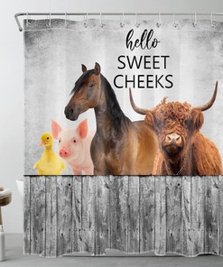 Rustic Retro Farm Animals Highland Cow Shower Curtain for Bathroom Decor