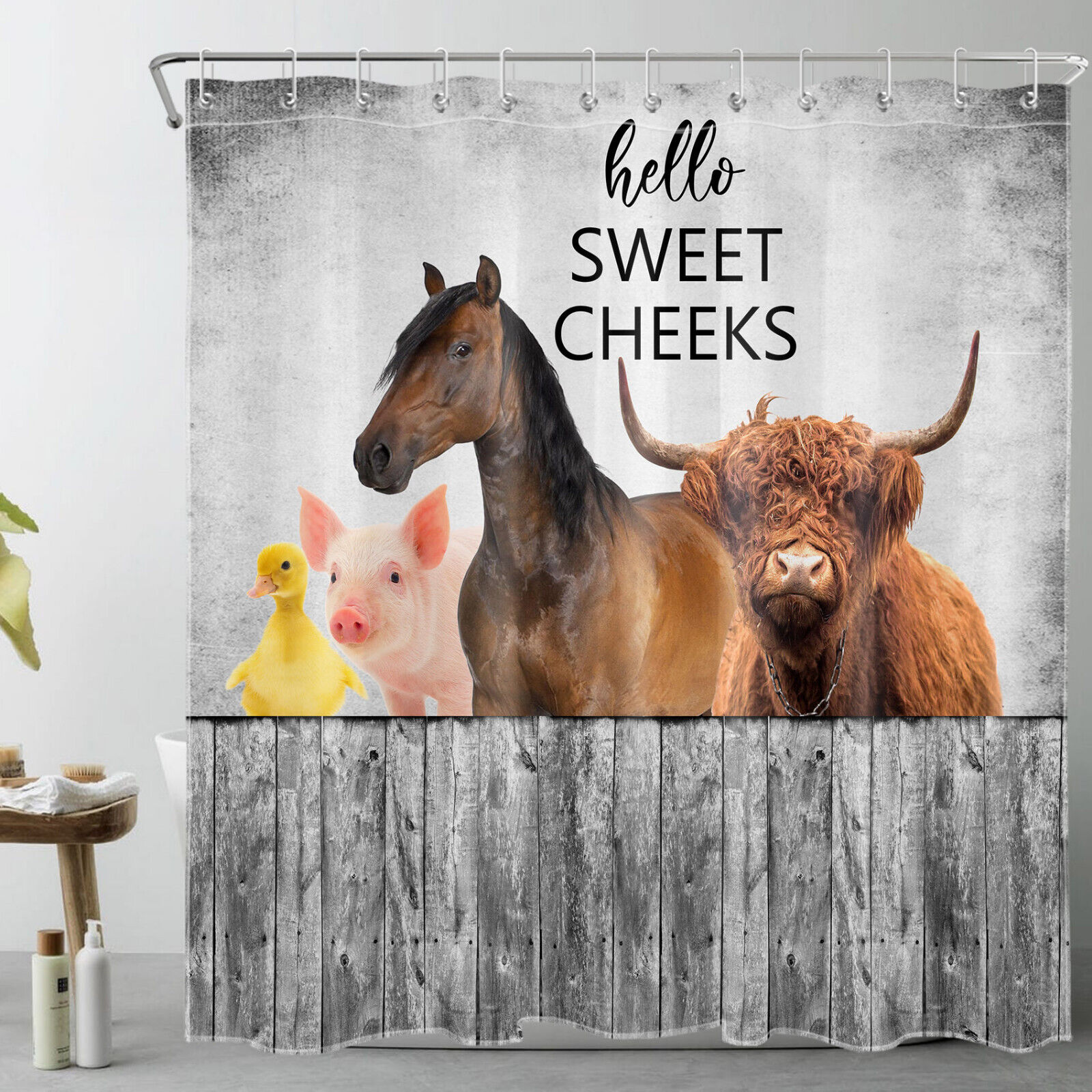 Rustic Retro Farm Animals Highland Cow Shower Curtain for Bathroom Decor