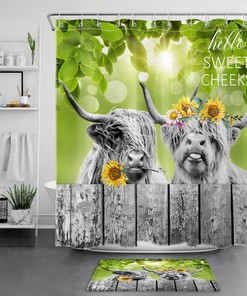 Rustic Retro Green Highland Cow Shower Curtain For Nature-Themed Bathrooms