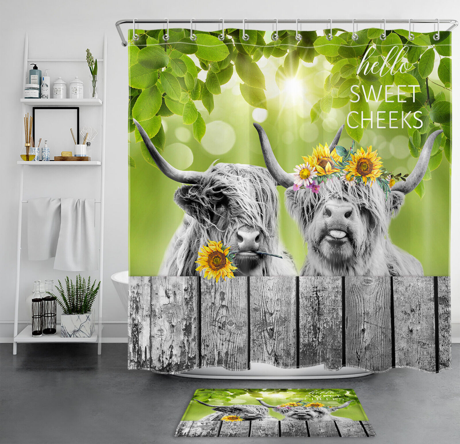 Rustic Retro Green Highland Cow Shower Curtain For Nature-Themed Bathrooms