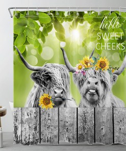 Rustic Retro Green Highland Cow Shower Curtain For Nature-Themed Bathrooms
