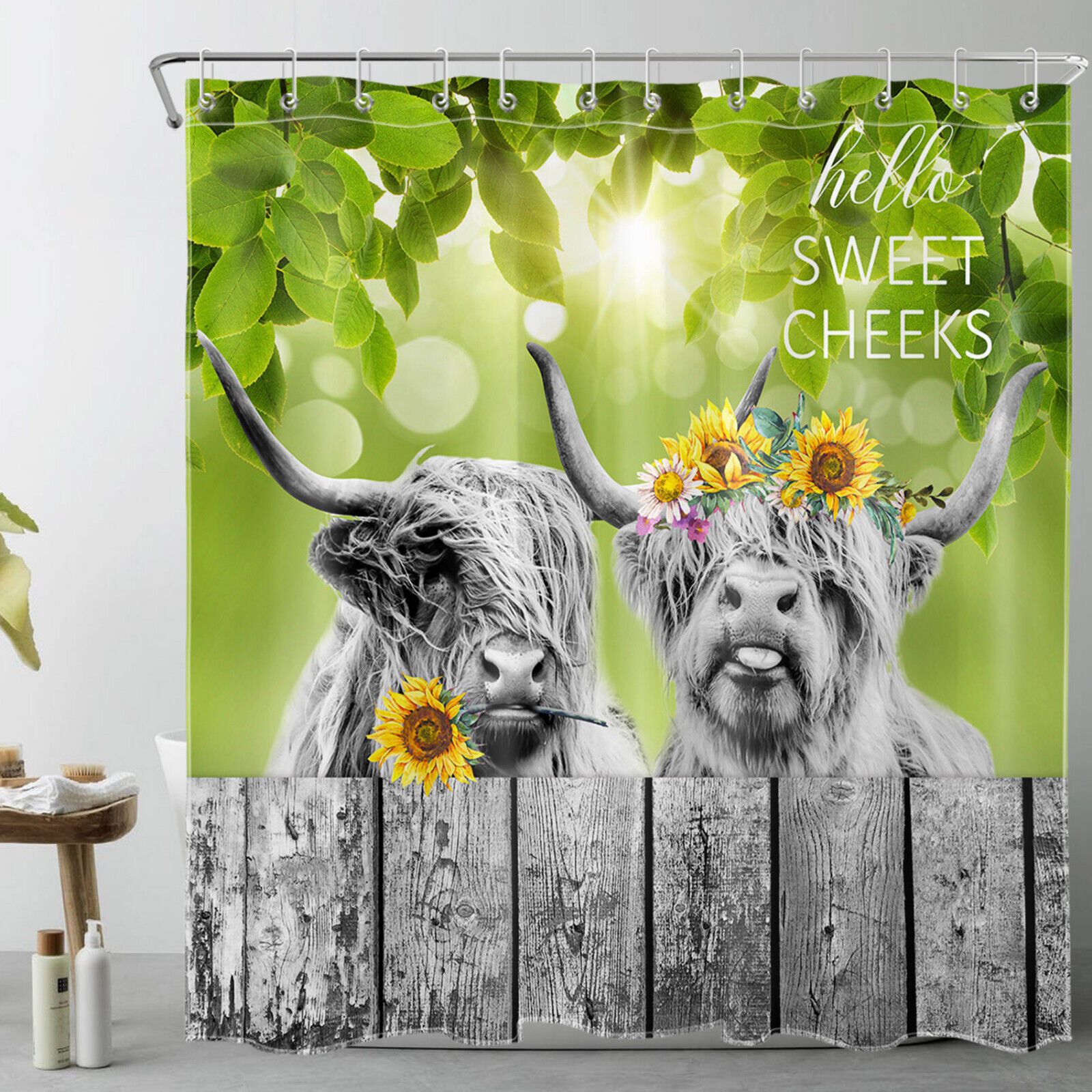 Rustic Retro Green Highland Cow Shower Curtain For Nature-Themed Bathrooms