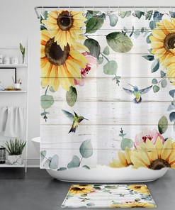Rustic Retro Sunflower Hummingbird Shower Curtain with Plant Print for Bathroom