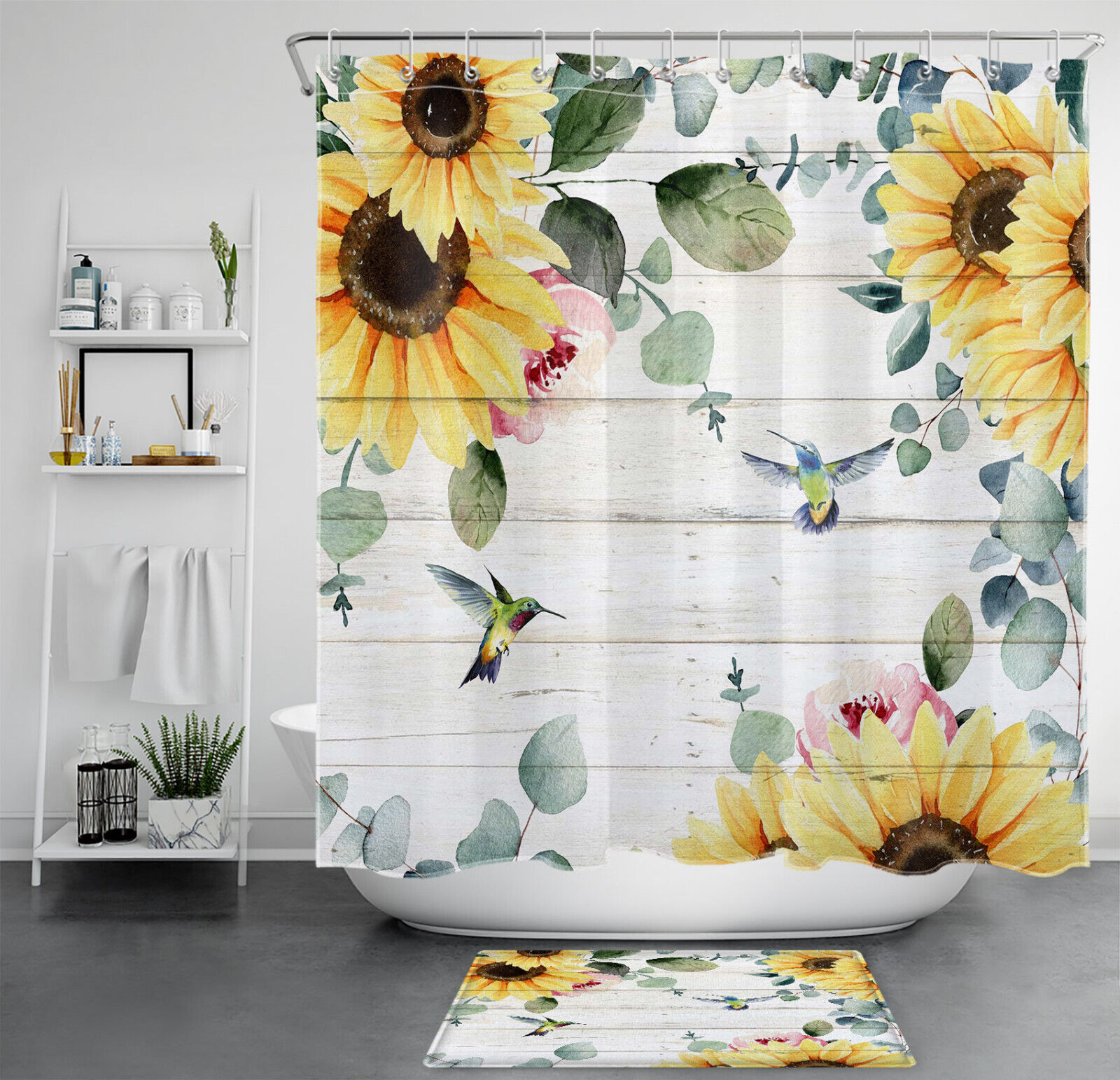 Rustic Retro Sunflower Hummingbird Shower Curtain with Plant Print for Bathroom