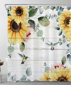 Rustic Retro Sunflower Hummingbird Shower Curtain with Plant Print for Bathroom