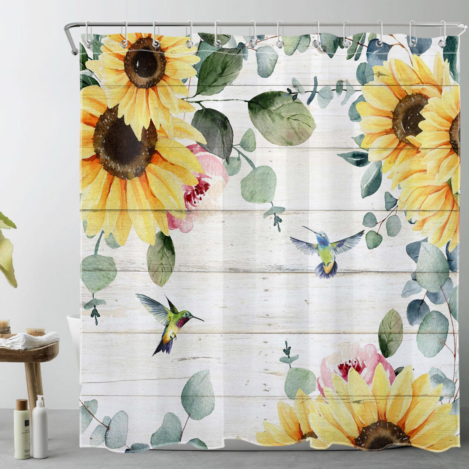 Rustic Retro Sunflower Hummingbird Shower Curtain with Plant Print for Bathroom
