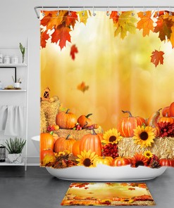 Rustic Retro Sunflower Pumpkin Thanksgiving Shower Curtain with Plant Print