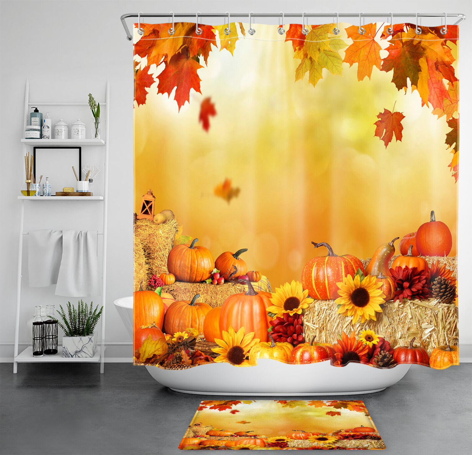 Rustic Retro Sunflower Pumpkin Thanksgiving Shower Curtain with Plant Print