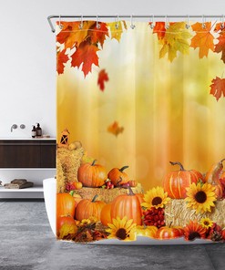 Rustic Retro Sunflower Pumpkin Thanksgiving Shower Curtain with Plant Print
